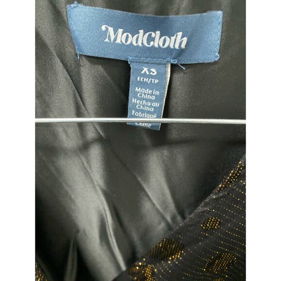 NWT ModCloth Golden Record Party Wrap Dress XS Black Gold Tie Waist Retro Chic - Picture 6 of 7